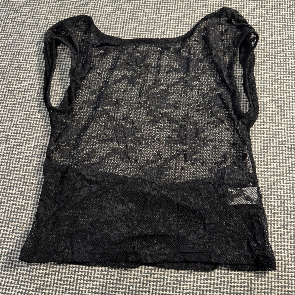 Women Black Y2K Floral Lace Crop Top Sheer Mesh Tank Sleeveless Scoop Neck L